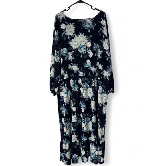 LuLaRoe Navy Blue Floral Evelyn Smock Waist Long Sleeve Maxi Dress Size 3XL NWT - Picture 2 of 8